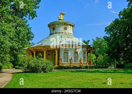 Garden Pavilion Chinesisches Haus (Chinese House), a Rococo edifice in the Chinoiserie style, Sanssouci Park, Potsdam, Brandenburg, Germany. Stock Photo