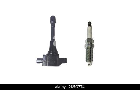 close up photo of spare parts for ignition coils and spark plugs for gasoline fueled cars that have implemented an electric fuel injector system Stock Photo
