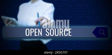 Conceptual caption Open Source. Word for contains the source code that can be modified and enhanced Stock Photo