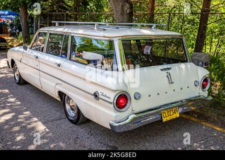 Falcon Heights, MN - June 18, 2022: High perspective rear corner view of a 1963 Ford Falcon Station Wagon at a local car show. Stock Photo