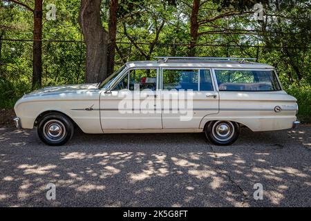 Falcon Heights, MN - June 18, 2022: High perspective side view of a 1963 Ford Falcon Station Wagon at a local car show. Stock Photo