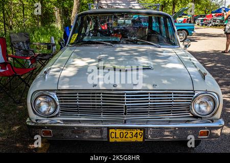Falcon Heights, MN - June 18, 2022: High perspective front view of a 1963 Ford Falcon Station Wagon at a local car show. Stock Photo