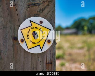 A sign showing a yellow arrow on a white background affixed to a wooden post points the way of the England Coast Path. Taken in Kent, UK. Stock Photo