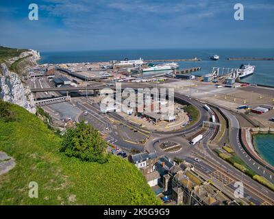 An aerial view of the road layout and docks of the Port of Dover, Kent, UK. Taken on a sunny day in summer. Stock Photo