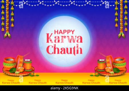illustration of decorated pooja thali for greetings on Indian Hindu festival Happy Karwa Chauth Stock Vector
