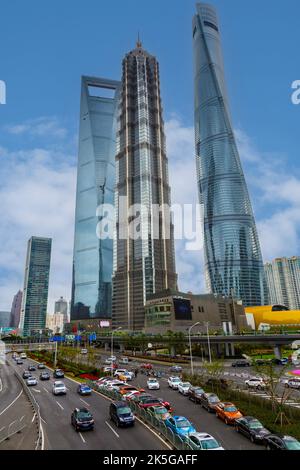 China, Shanghai.  Three Skyscrapers in Pudong District:  Shanghai World Financial Center (left); Jinmao (middle); Shanghai Tower (right). Stock Photo