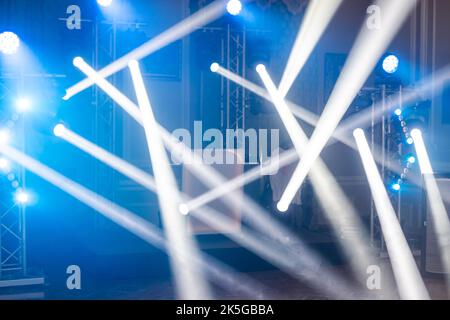 multiple spotlights on a theatre stage lighting rig Stock Photo