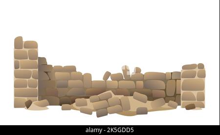 Fence made of rounded stones with supports and foundation. Destroyed old one. Isolated on white background Vector. Stock Vector