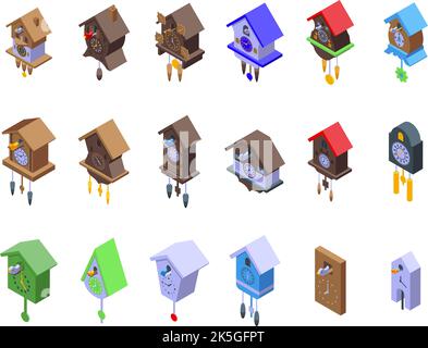 Cuckoo Clock icons set isometric vector. Hour clock. Alarm wall Stock Vector