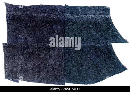 Collection of blue leather textures isolated on white background. Rough uneven edges. Rectangular composite image of leather textures Stock Photo