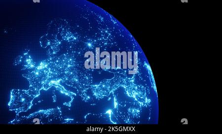 Planet Earth glowing at night viewed from space. Shining city lights in Europe, concept about technology, energy, population density, development. Wor Stock Photo