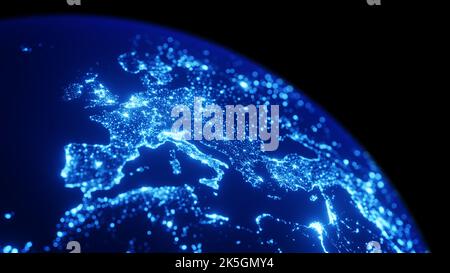 Planet Earth glowing at night viewed from space. Shining city lights in Europe, concept about technology, energy, population density, development. Wor Stock Photo
