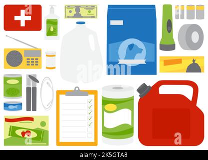 A set of emergency supplies, hurricane and disaster preparedness items. Isolated on white background. Stock Vector