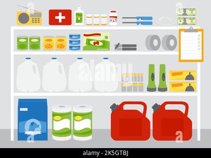 A set of emergency supplies, hurricane and disaster preparedness items on shelving in storage location. Stock Vector