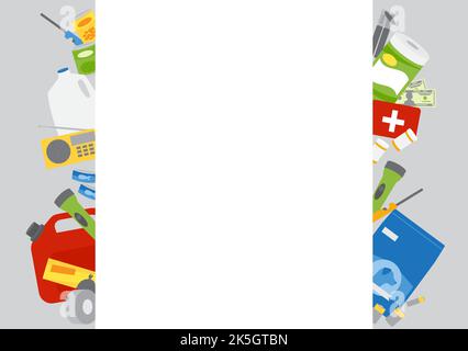 A group of emergency supplies, hurricane and disaster preparedness items behind white copy space. Stock Vector