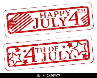 A set of grunge fourth of july stamps, flags and stars. Isolated on white background. Stock Vector