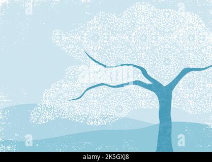 An abstract landscape with lacey canopy tree, in a cut paper style with ...
