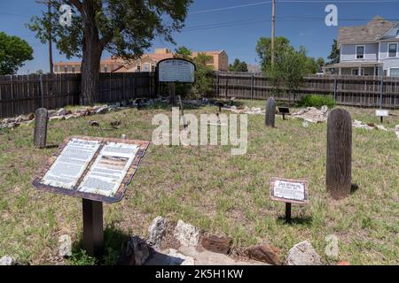 Dodge City, Kansas - Grave markers at Boot Hill Cemetery. The cemetery is now part of the Boot Hill Museum, which preserves the history and culture of Stock Photo