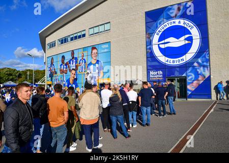 Brighton, UK. 08th Oct, 2022. Fans start to arrive for the Premier League match between Brighton & Hove Albion and Tottenham Hotspur at The Amex on October 8th 2022 in Brighton, England. (Photo by Jeff Mood/phcimages.com) Credit: PHC Images/Alamy Live News