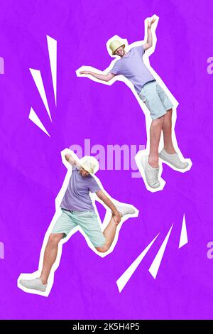 Vertical collage illustration of two excited guys rejoice dancing enjoy free time isolated on creative purple background Stock Photo