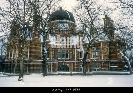 Royal Observatory in Greenwich in snow during the winter of 1982. Stock Photo
