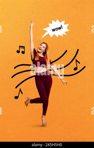 Vertical collage portrait of excited overjoyed girl enjoy dancing music shout wow isolated on orange painted background Stock Photo