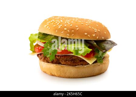 Hamburger with beef, cheese, tomato, onion and salad. Cheeseburger isolated on white, clipping path Stock Photo