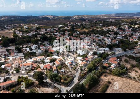 Aerial view of Kathikas village in the Paphos District of Cyprus. Situated on a plateau 23 kms north of Paphos.  Altitude 655m and population of 333.