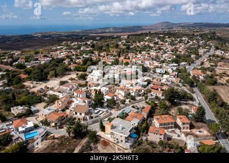 Aerial view of Kathikas village in the Paphos District of Cyprus. Situated on a plateau 23 kms north of Paphos.  Altitude 655m and population of 333.