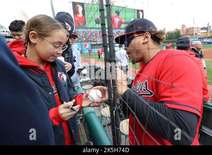 Cleveland, United States. 08th Oct, 2022. Cleveland Guardians Josh Naylor signs baseballs before the start of the game against the Tampa Bay Rays in an American League Wild Card series at Progressive Field in Cleveland, Ohio on Saturday, October 8, 2022. Photo by Aaron Josefczyk/UPI. Credit: UPI/Alamy Live News Stock Photo