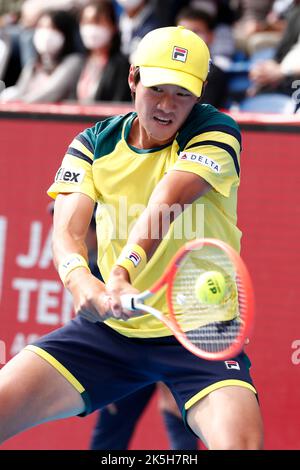 Tokyo, Japan. 8th Oct, 2022. SOONWOO KWON of South Korea hits a return against against Frances Tiafoe of USA during their Semifinal match at the Rakuten Japan Open Tennis Championships 2022 at Ariake Coliseum. (Credit Image: © Rodrigo Reyes Marin/ZUMA Press Wire) Stock Photo