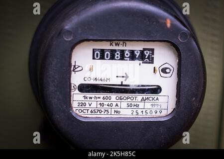 Close-up of old soviet retro electric meter. Stock Photo