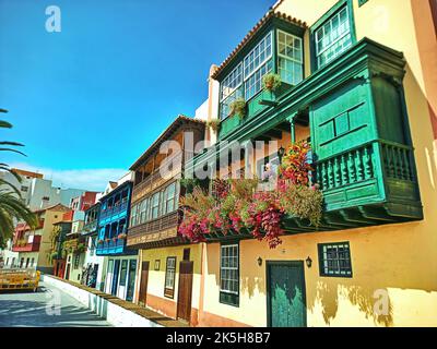 Colouful Old homes houses in santa cruz de la palma spain,las palma,la palma,las palma old town,fort in las palma,las palmas de gran caneria Stock Photo