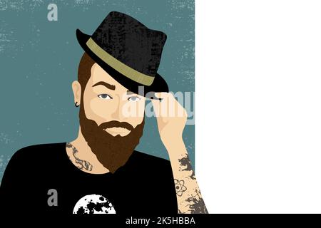 An attractive tattooed man wearing a grunge moon shirt and tipping a fedora hat. With patterns, textures, and copy space Stock Vector