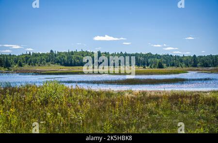 Scenic view of Cart Lake Tailings, as Site 5 along Hertiage Silver Trail, a part of Cobalt Mining District National Historic Site of Canada. A rusty h Stock Photo