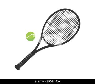 Tennis racket and ball in trendy flat style logo design. The concept of outdoor game sports. Flat lay. Professional tennis equipment vector design. Stock Vector