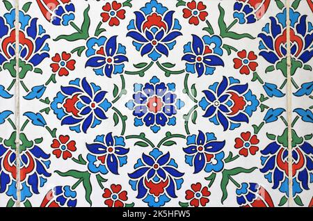 Tile decorations of a street fountain in Konya Topraklik Street. The tiles were produced in Kutahya in 2000. Konya, Turkey. Stock Photo