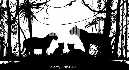 Lions family with cubs. Predator Wild animals. Silhouette figures. Jungle rainforest. Overgrown with trees and grass. Isolated on white background. Ve Stock Vector