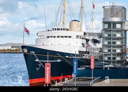 Royal Yacht Britannia ship moored in Leith Harbour, Edinburgh, Scotland, UK Stock Photo