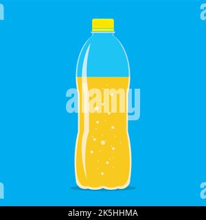 Plastic bottle three quarters filled of fresh sparkling orange juice. Flat icon isolated on sky blue background. Yellow liquid in transparent containe Stock Vector