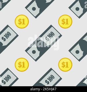 Dollar banknotes and golden coins seamless pattern. Financial wrapping background. Abstract repeating texture with USA currency signs. Stylized vector Stock Vector