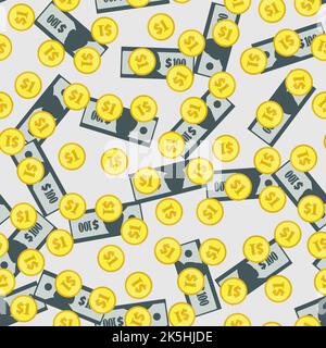 Dollar banknotes and golden coins seamless pattern. Financial wrapping background. Abstract repeating texture with USA currency signs. Stylized vector Stock Vector