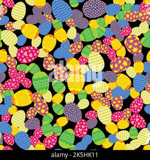 Colorful Easter eggs randomly placed on black background. Christian holiday seamless pattern. Wrapping or greeting card texture. Bright colors vector Stock Vector
