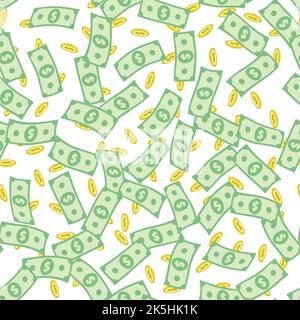 Dollar banknotes and golden coins seamless pattern. Financial wrapping background. Abstract repeating texture with USA currency signs. Stylized vector Stock Vector