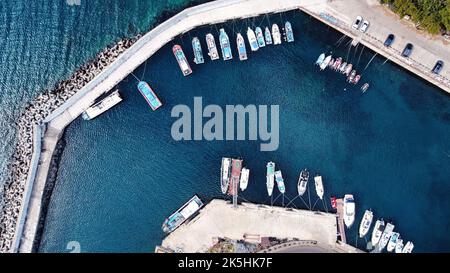 A top view of a busy harbor with many parked boats and yachts Stock ...