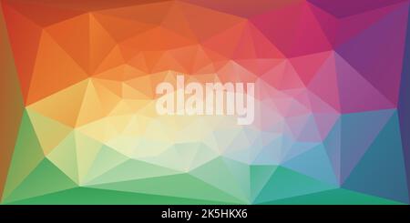 Triangular polygonal background in bright rainbow colors. Colorful banner template of irregular triangles. Spectrum gradient geometric backdrop in ori Stock Vector