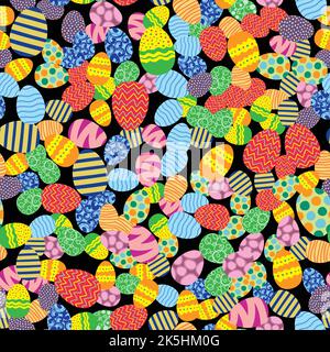 Colorful Easter eggs randomly placed on black background. Christian holiday seamless pattern. Wrapping or greeting card texture. Bright colors vector Stock Vector