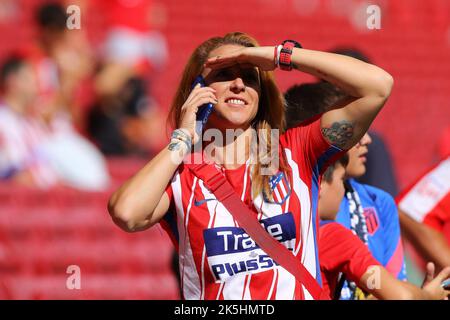 Madrid, Spain. 06th Oct, 2022. Atletico Fan action during La Liga match day 8 between Atletico de Madrid and Girona at Civitas Metropolitano Stadium in Madrid, Spain, on October 8, 2022 (Photo by Edward F. Peters/Sipa USA) Credit: Sipa USA/Alamy Live News Stock Photo