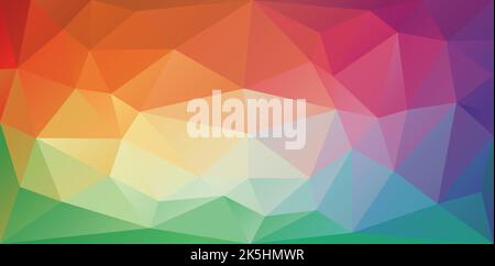 Triangular polygonal background in bright rainbow colors. Colorful banner template of irregular triangles. Spectrum gradient geometric backdrop in ori Stock Vector