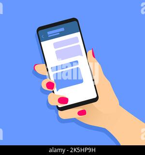 Female hand holding smartphone with text messages. Chat bubbles on phone screen. Messaging mobile application concept. Woman using cell phone for comm Stock Vector
